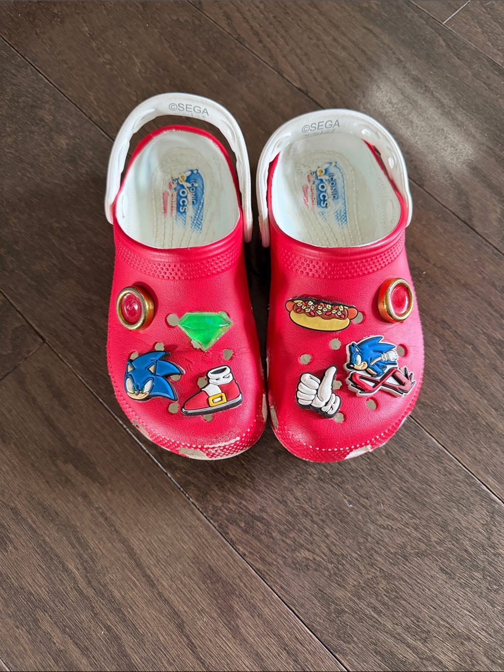 CROCS Kids Red Clogs with White Heel Strap and Sonic Charms